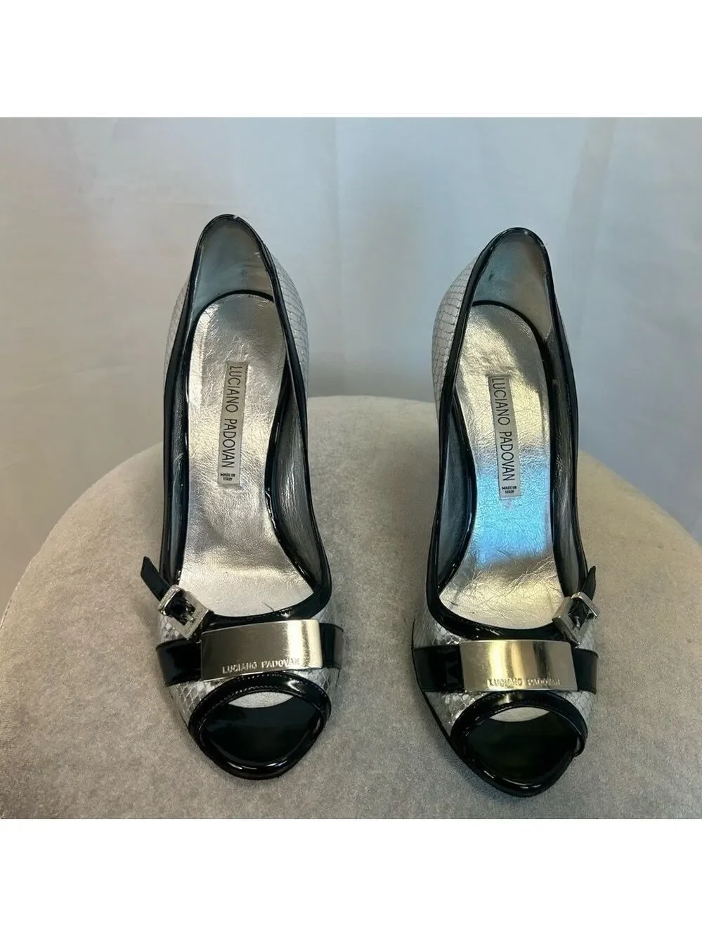 Luciano Padovan metallic silver snake embossed black trim high heels 39 leather